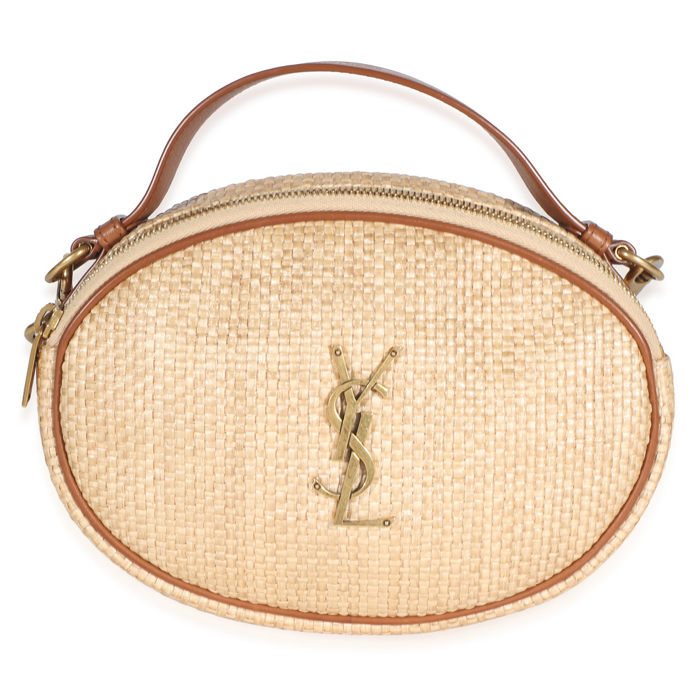 Saint Laurent Beige Raffia Brown Calfskin Round Camera Bag